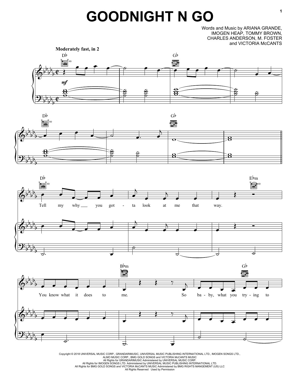 Ariana Grande Goodnight N Go sheet music notes and chords arranged for Piano, Vocal & Guitar Chords (Right-Hand Melody)