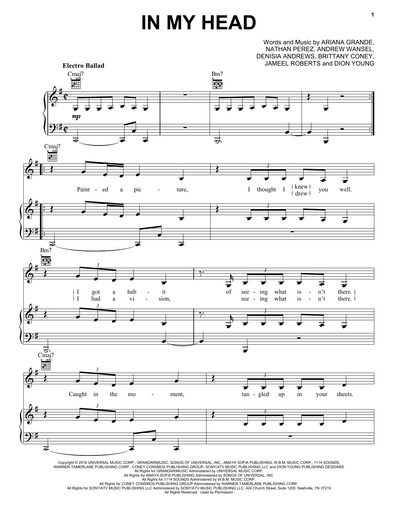 Ariana Grande In My Head sheet music notes and chords arranged for Piano, Vocal & Guitar Chords (Right-Hand Melody)