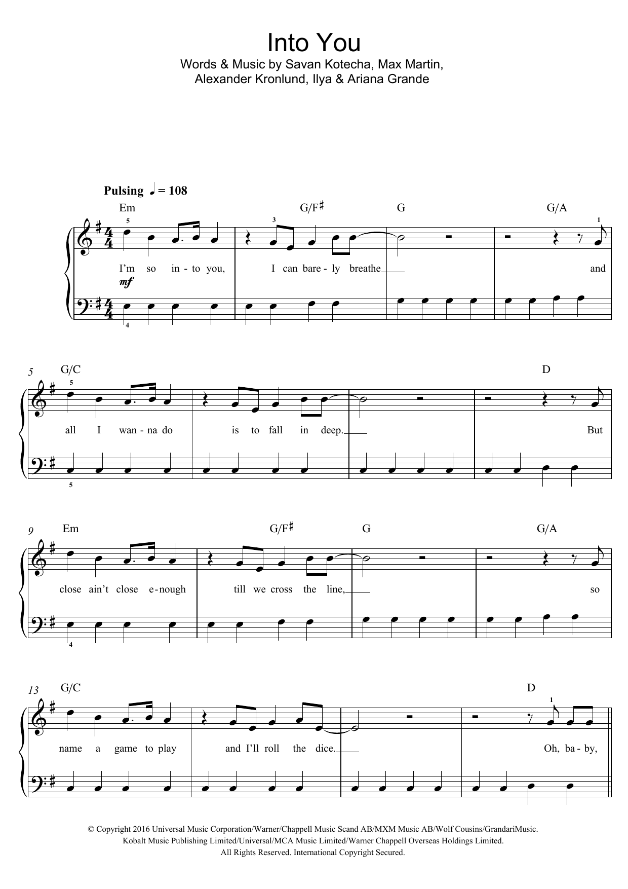 Ariana Grande Into You sheet music notes and chords arranged for Piano, Vocal & Guitar Chords