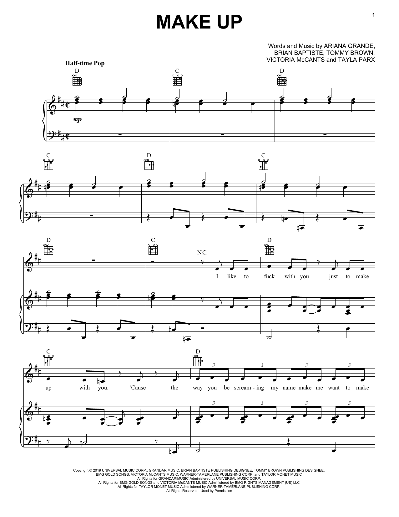Ariana Grande Make Up sheet music notes and chords arranged for Piano, Vocal & Guitar Chords (Right-Hand Melody)