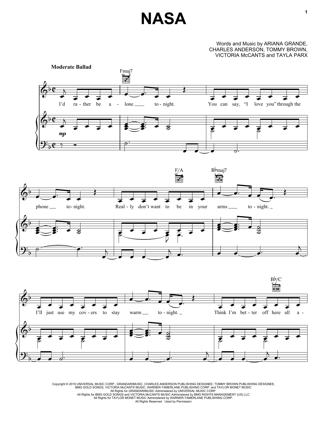 Ariana Grande NASA sheet music notes and chords arranged for Piano, Vocal & Guitar Chords (Right-Hand Melody)
