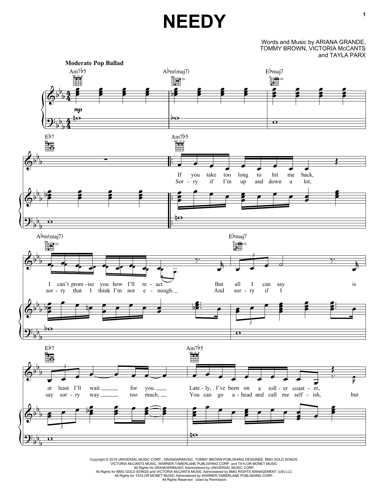 Ariana Grande Needy sheet music notes and chords arranged for Piano, Vocal & Guitar Chords (Right-Hand Melody)