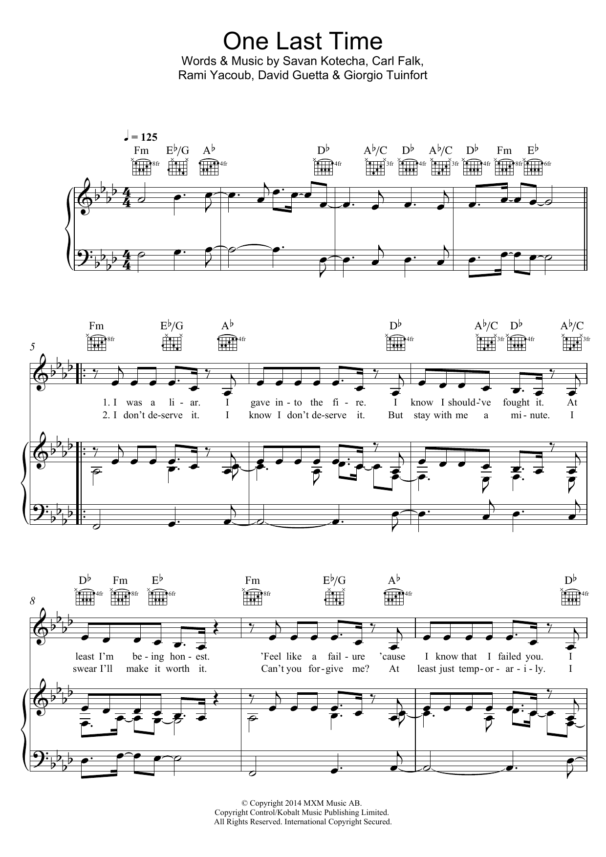 Ariana Grande One Last Time sheet music notes and chords arranged for Piano, Vocal & Guitar Chords (Right-Hand Melody)