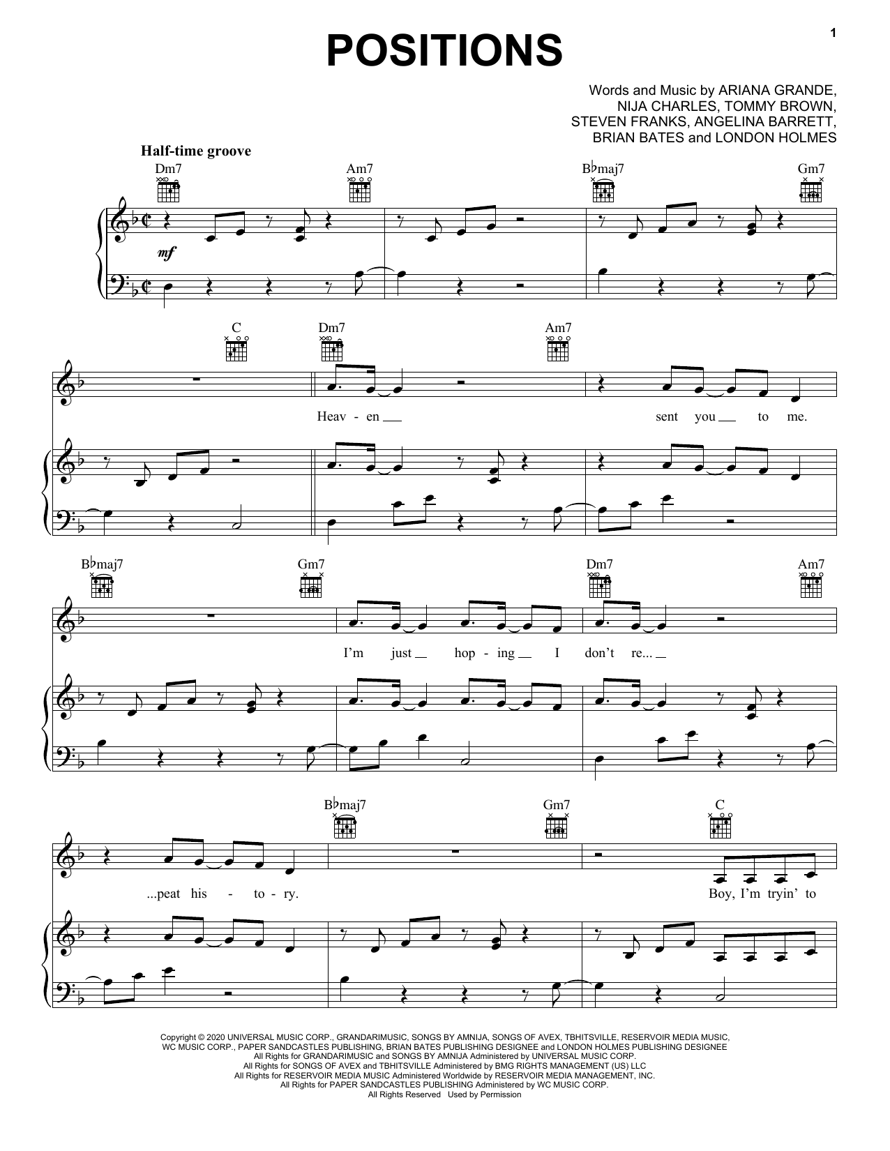 Ariana Grande positions sheet music notes and chords arranged for Big Note Piano