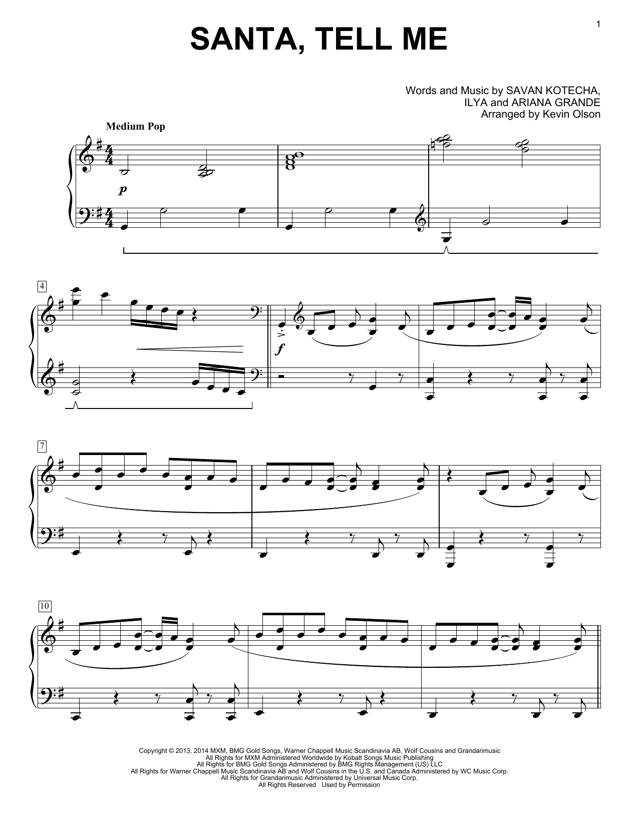 Ariana Grande Santa Tell Me (arr. Kevin Olson) sheet music notes and chords arranged for Easy Piano Solo