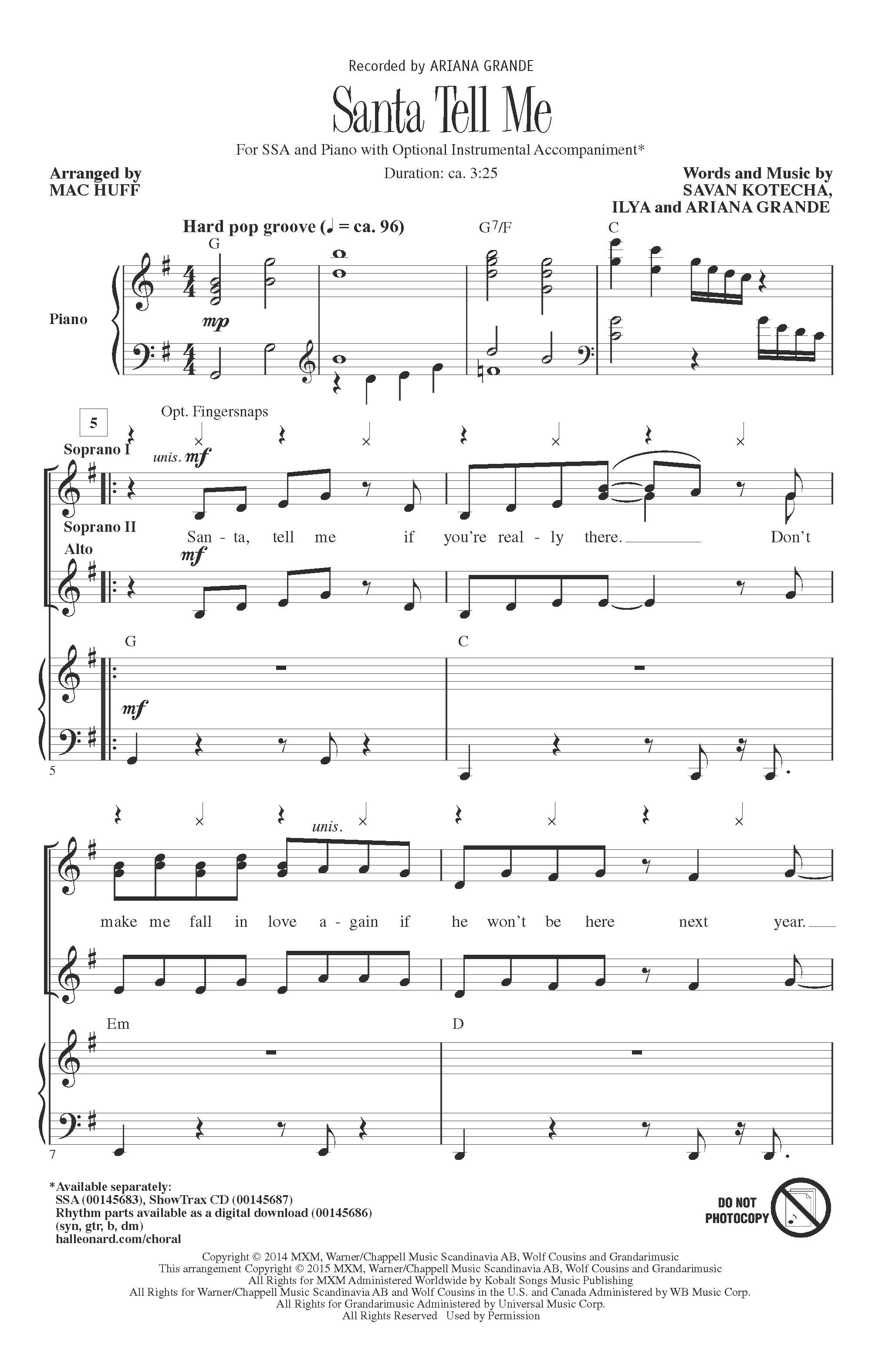 Ariana Grande Santa Tell Me (Arr. Mac Huff) sheet music notes and chords arranged for SSA Choir