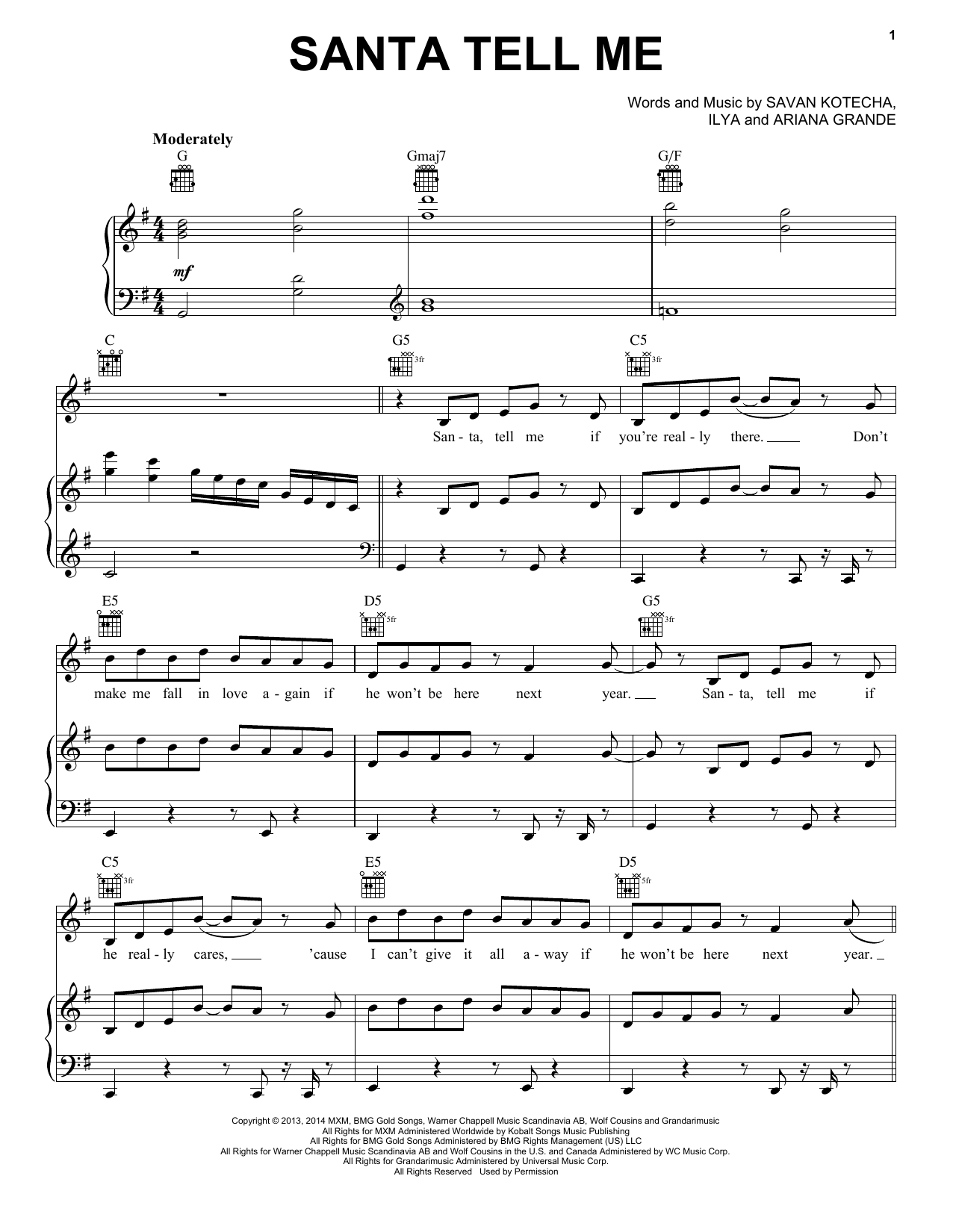 Ariana Grande Santa Tell Me sheet music notes and chords arranged for Piano, Vocal & Guitar Chords (Right-Hand Melody)