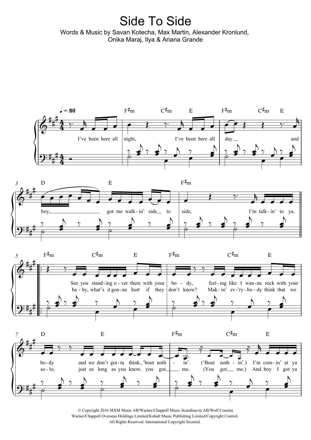 Ariana Grande Side To Side (feat. Nicki Minaj) sheet music notes and chords arranged for Easy Piano
