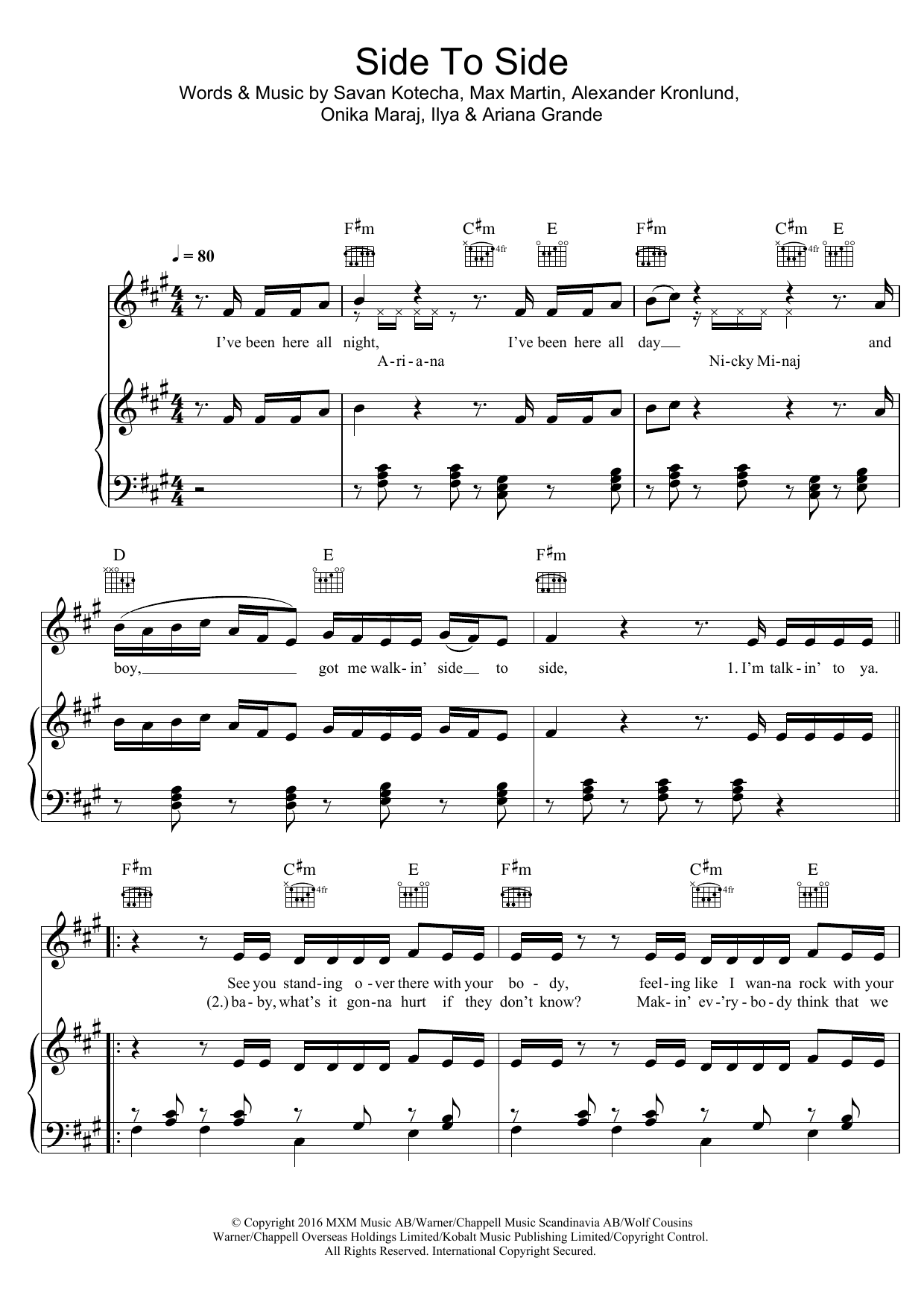 Ariana Grande Side To Side (featuring Nicki Minaj) sheet music notes and chords arranged for Piano, Vocal & Guitar Chords