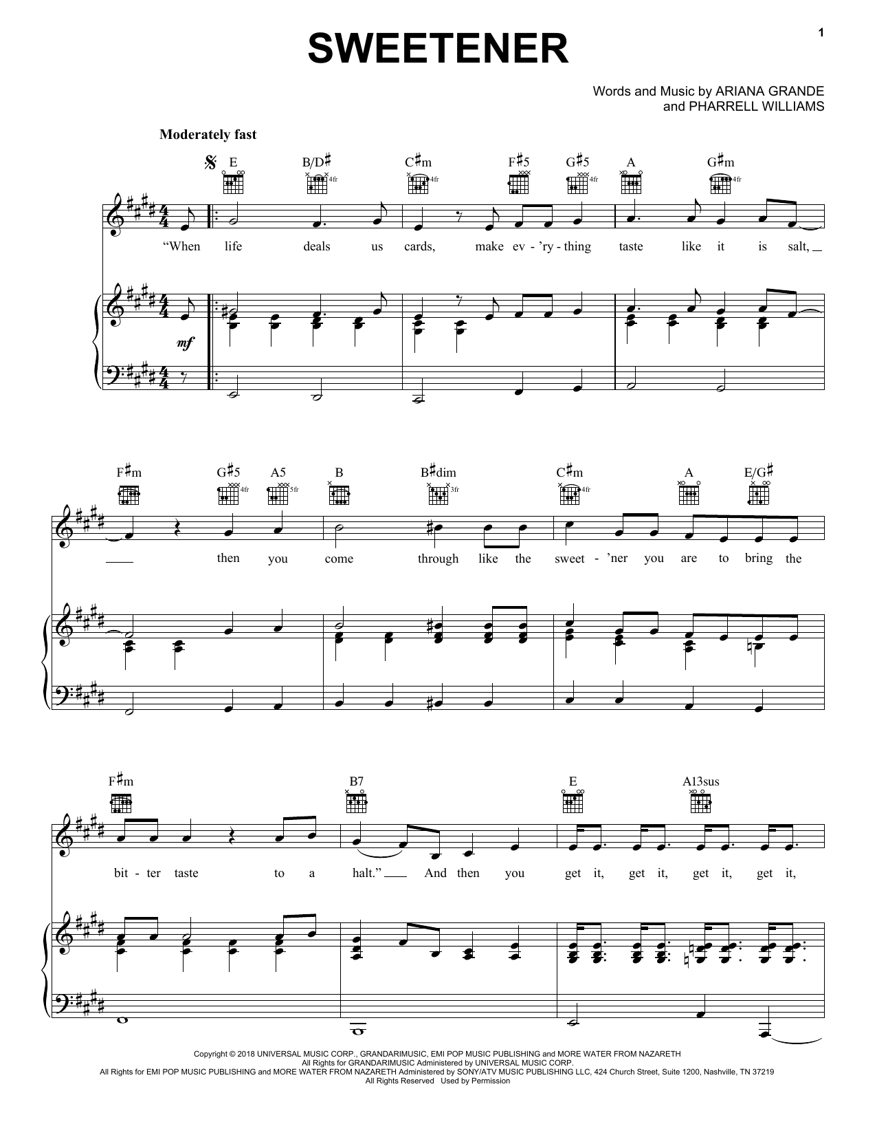 Ariana Grande sweetener sheet music notes and chords arranged for Piano, Vocal & Guitar Chords (Right-Hand Melody)