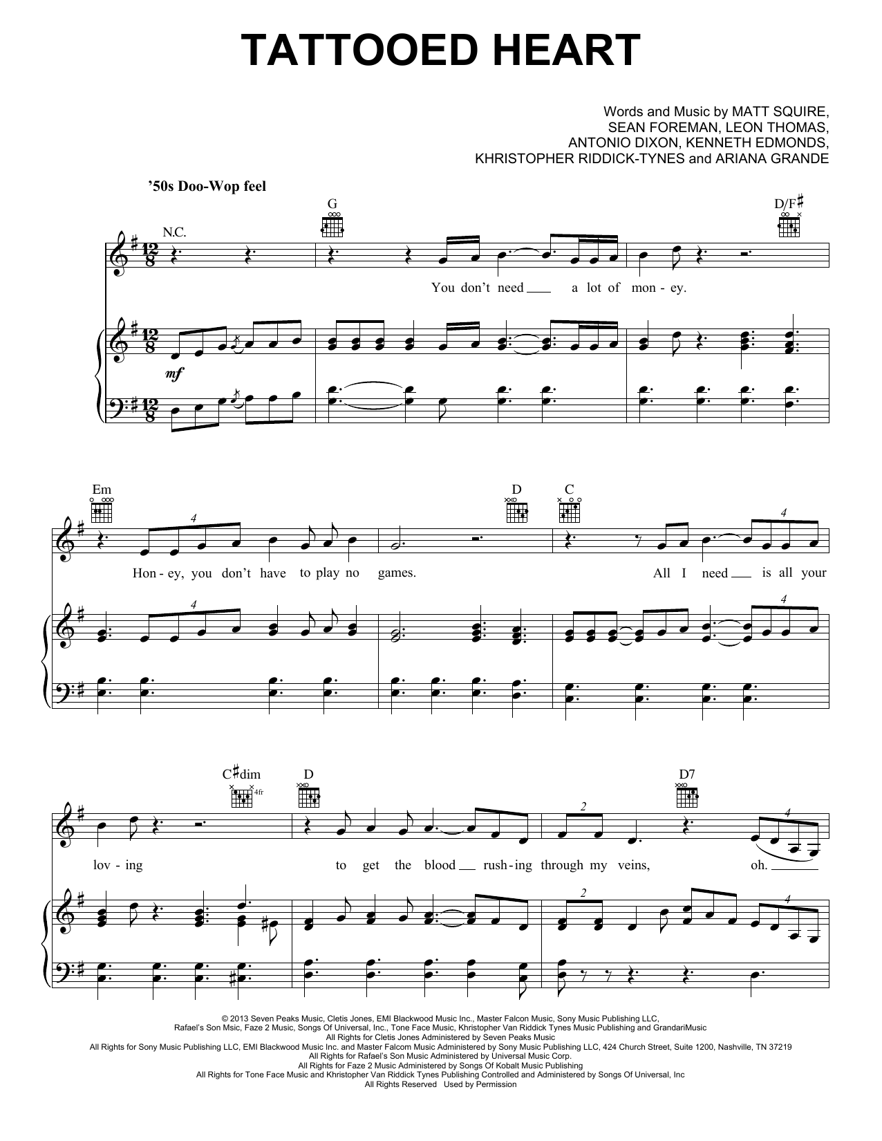 Ariana Grande Tattooed Heart sheet music notes and chords arranged for Piano, Vocal & Guitar Chords (Right-Hand Melody)