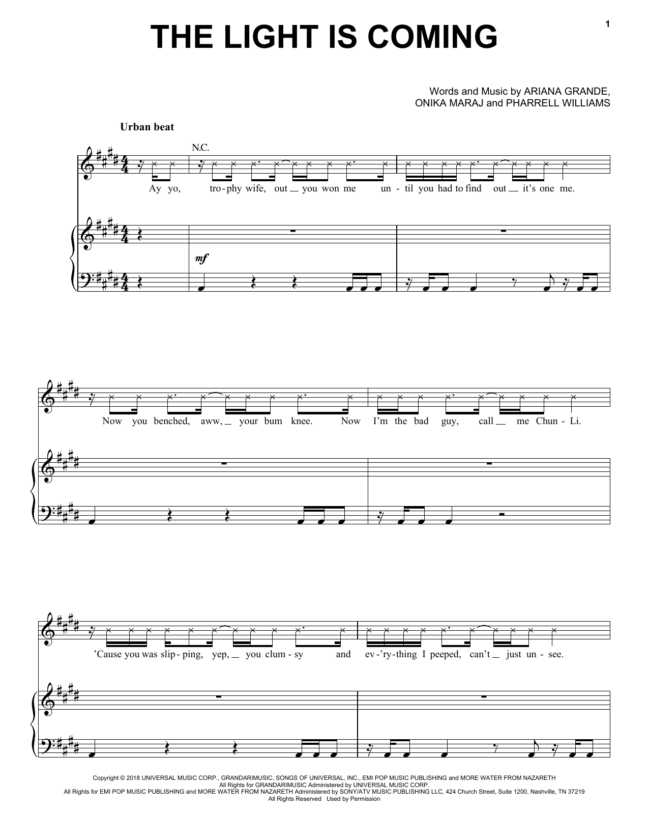 Ariana Grande The Light Is Coming (feat. Nicki Minaj) sheet music notes and chords arranged for Piano, Vocal & Guitar Chords (Right-Hand Melody)
