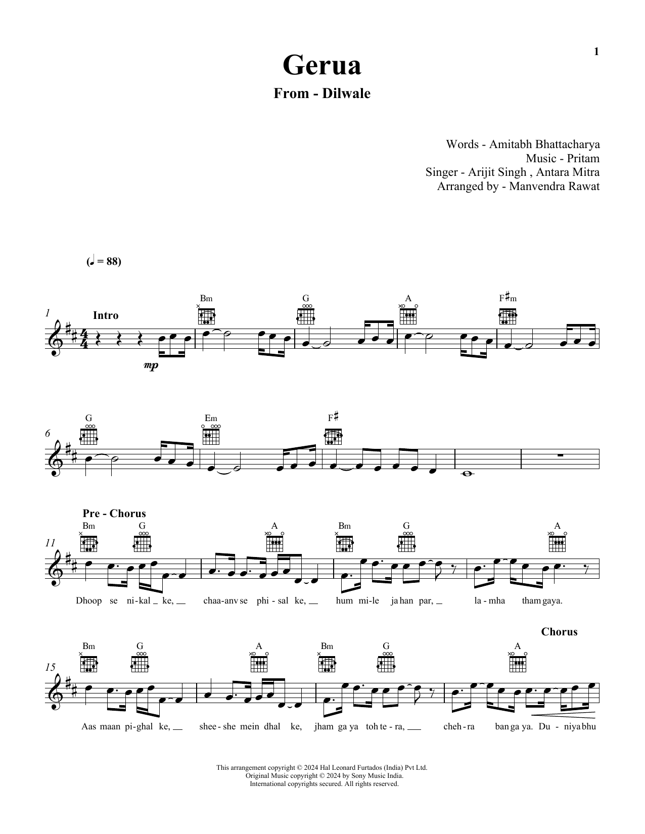 Arijit Singh & Antara Mitra Gerua (from Dilwale) (2015) sheet music notes and chords arranged for Lead Sheet / Fake Book