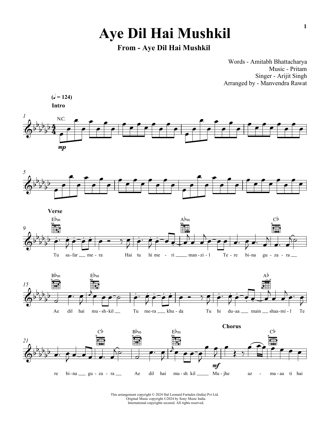 Arijit Singh Ae Dil Hai Mushkil sheet music notes and chords arranged for Lead Sheet / Fake Book