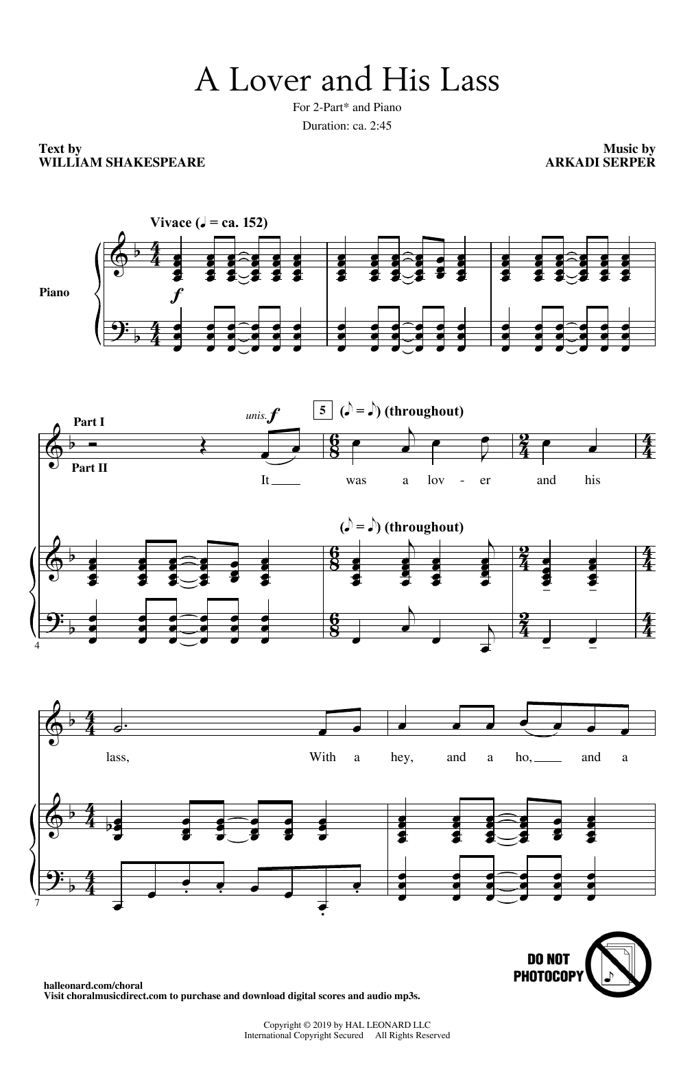 Arkadi Serper A Lover And His Lass sheet music notes and chords arranged for 2-Part Choir