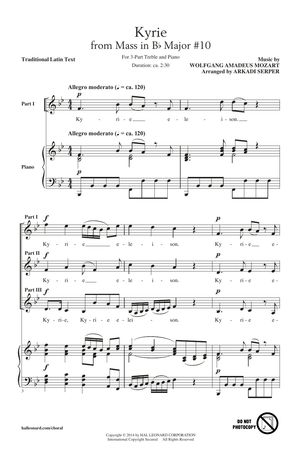 Arkadi Serper Kyrie (From The Mass In B-Flat Major #10) sheet music notes and chords arranged for 3-Part Treble Choir