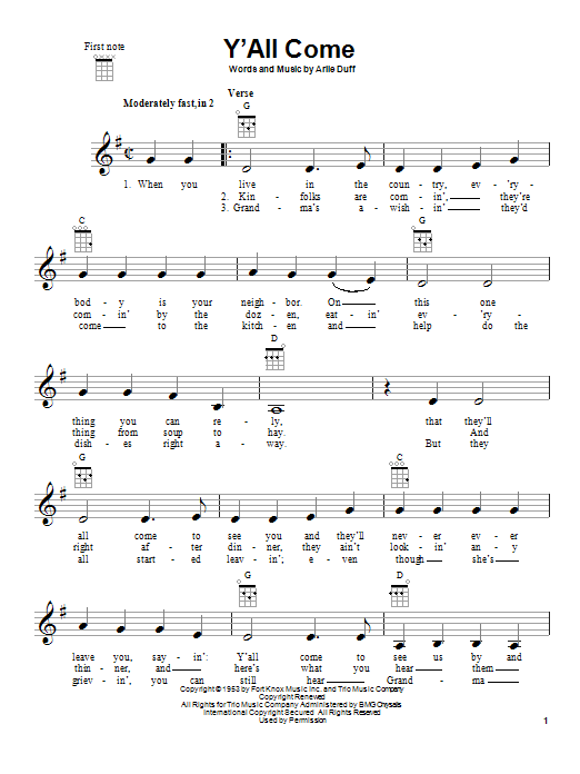 Arlie Duff Y'All Come sheet music notes and chords arranged for Piano, Vocal & Guitar Chords (Right-Hand Melody)