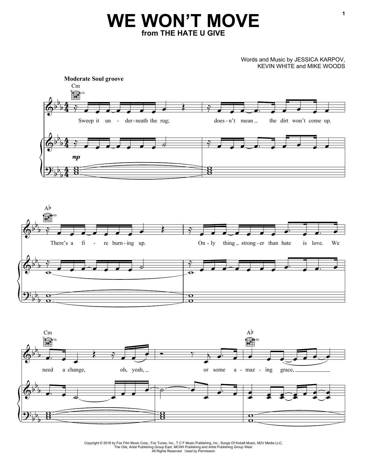 Arlissa We Won't Move sheet music notes and chords arranged for Piano, Vocal & Guitar Chords (Right-Hand Melody)