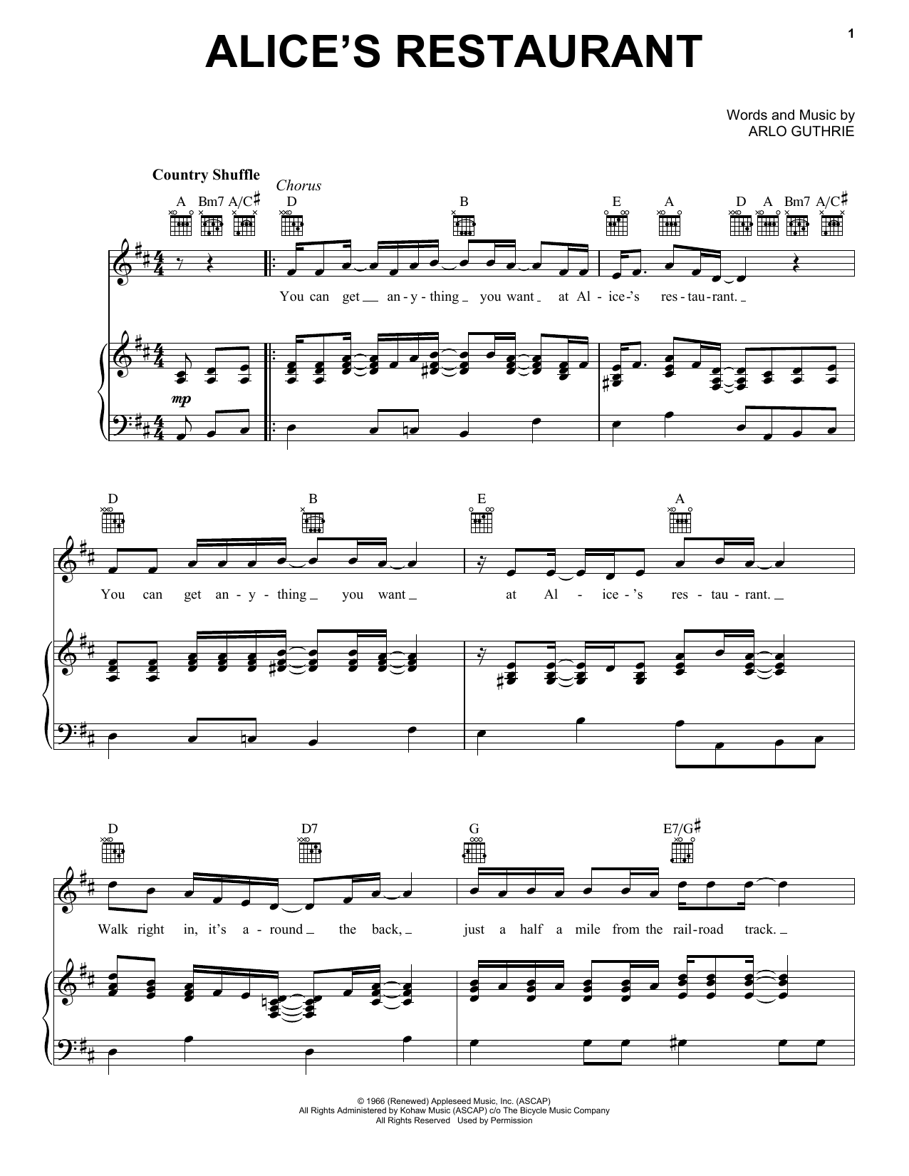 Arlo Guthrie Alice's Restaurant sheet music notes and chords arranged for Guitar Lead Sheet