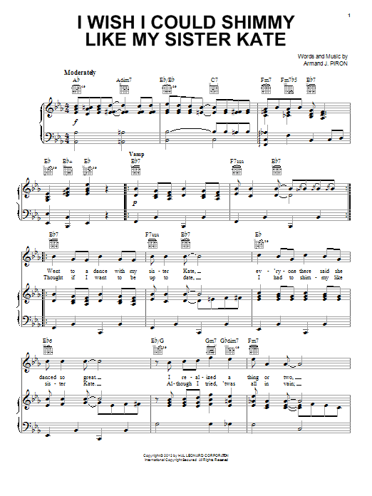 Armand J. Piron I Wish I Could Shimmy Like My Sister Kate sheet music notes and chords arranged for Piano, Vocal & Guitar Chords (Right-Hand Melody)