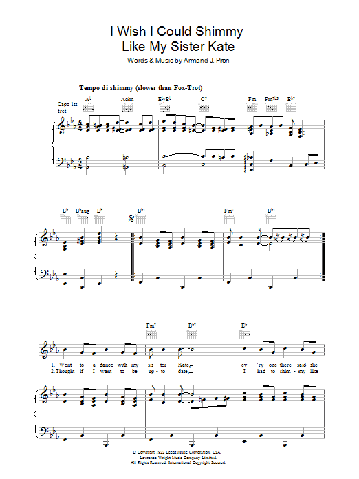 Armand Piron I Wish I Could Shimmy Like My Sister Kate sheet music notes and chords arranged for Piano, Vocal & Guitar Chords