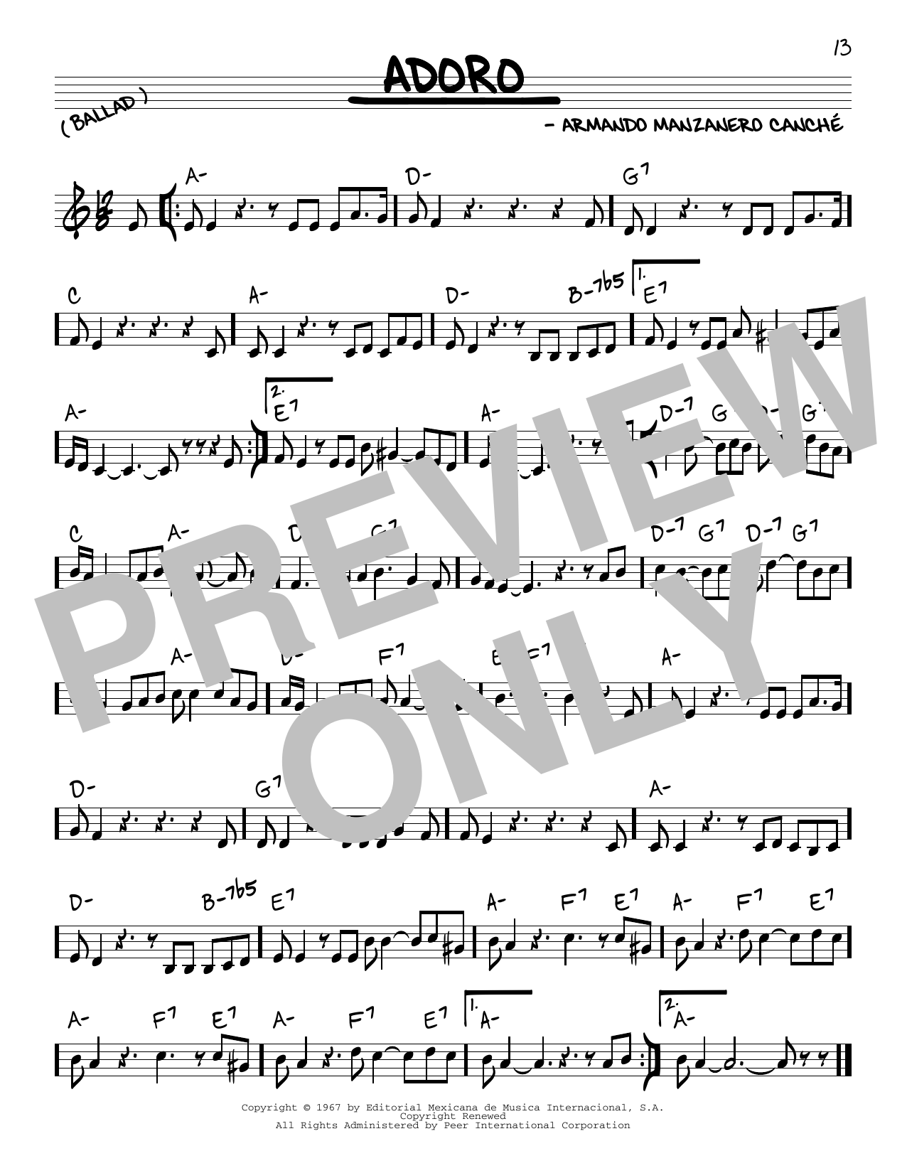 Armando Manzanero Canche Adoro sheet music notes and chords arranged for Real Book – Melody & Chords