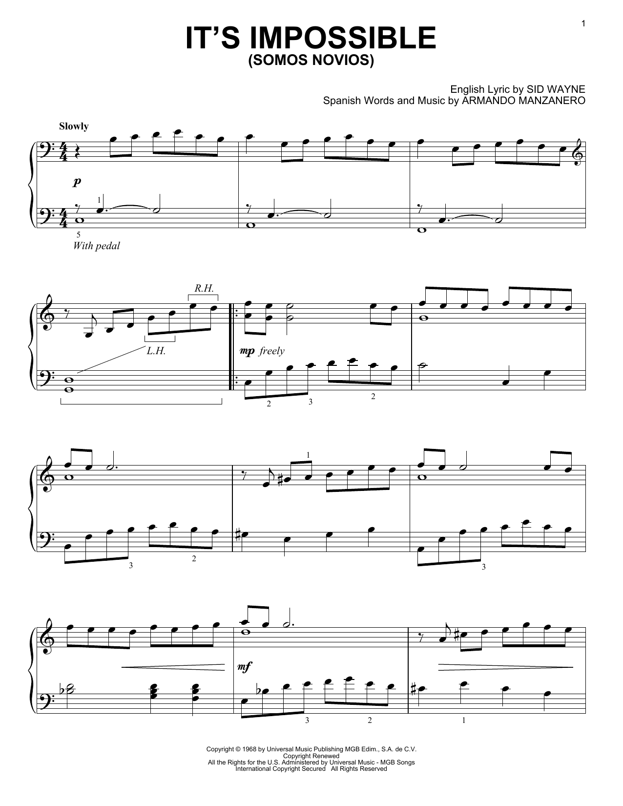 Armando Manzanero It's Impossible (Somos Novios) sheet music notes and chords arranged for Piano Solo