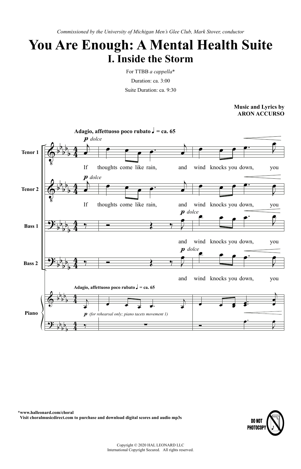 Aron Accurso and Rachel Griffin Accurso You Are Enough: A Mental Health Suite sheet music notes and chords arranged for TTBB Choir