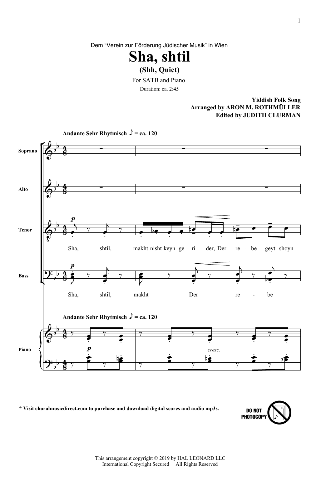 Aron M. Rothmuller Sha, Shtil sheet music notes and chords arranged for SATB Choir
