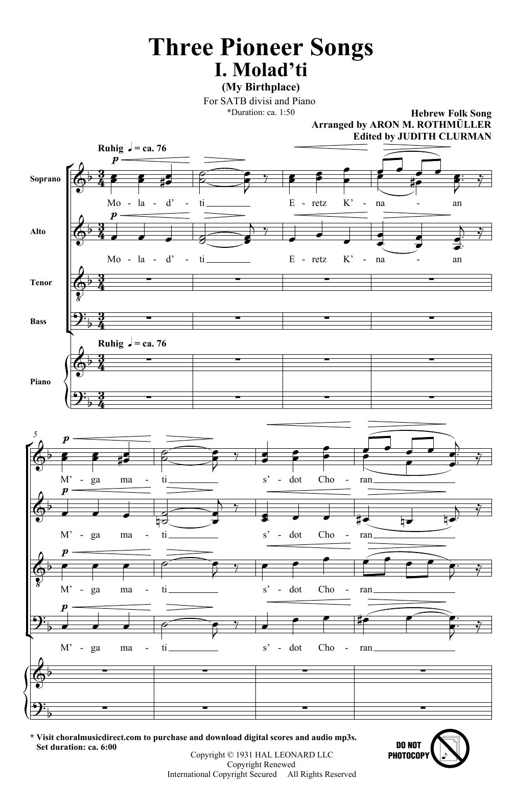 Aron M. Rothmuller Three Pioneer Songs sheet music notes and chords arranged for SATB Choir