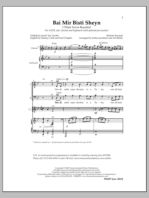 Art Bailey Bai Mir Bisti Sheyn sheet music notes and chords arranged for SATB Choir