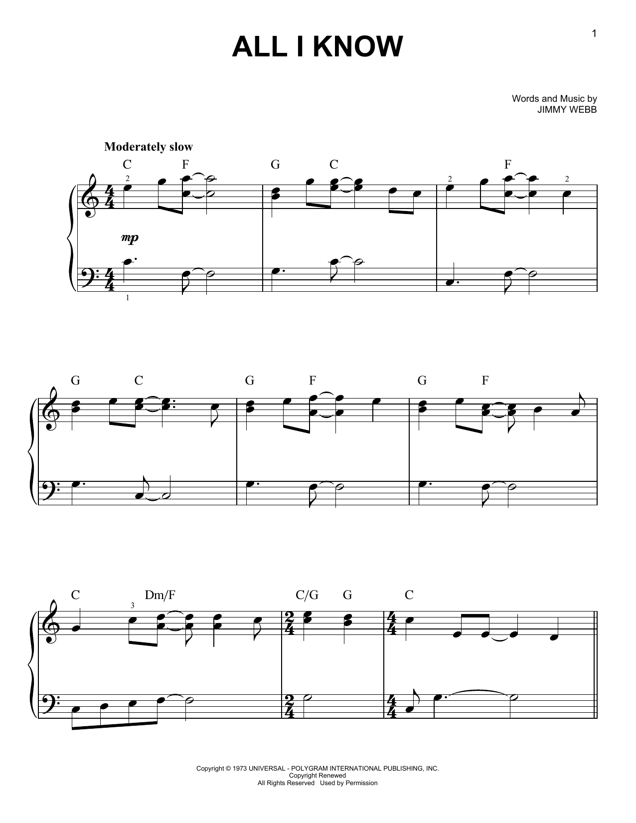 Art Garfunkel All I Know sheet music notes and chords arranged for Very Easy Piano
