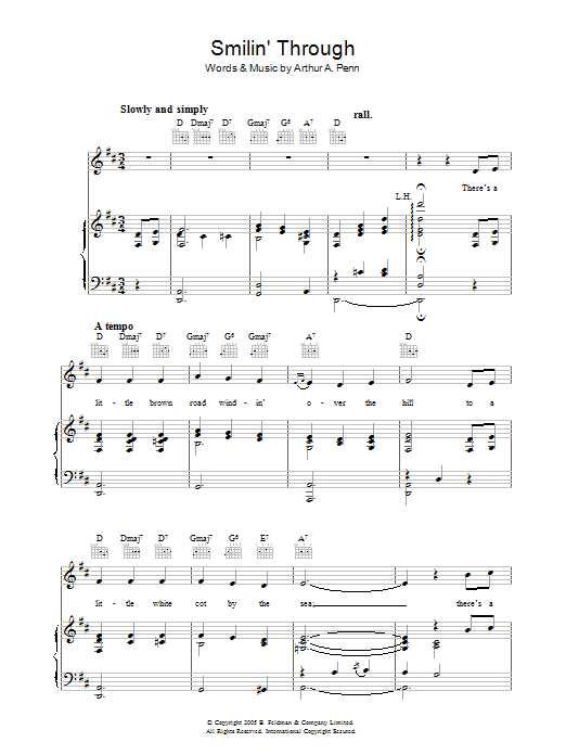 Arthur A. Penn Smilin' Through sheet music notes and chords arranged for Piano, Vocal & Guitar Chords