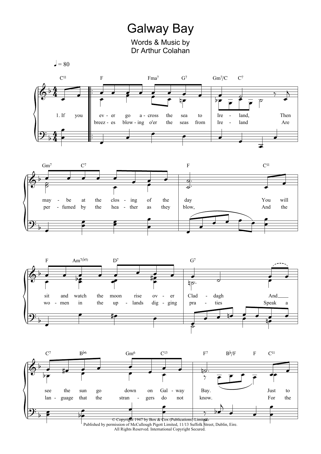 Arthur Colahan Galway Bay sheet music notes and chords arranged for Piano, Vocal & Guitar Chords