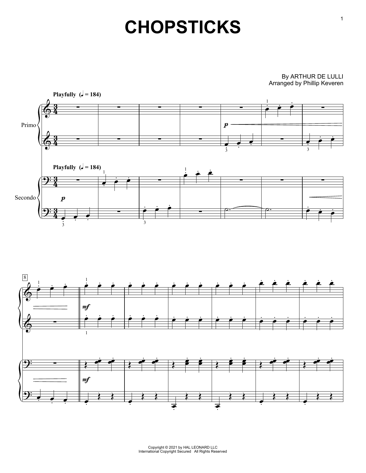 Arthur de Lulli Chopsticks (arr. Phillip Keveren) sheet music notes and chords arranged for Piano Duet