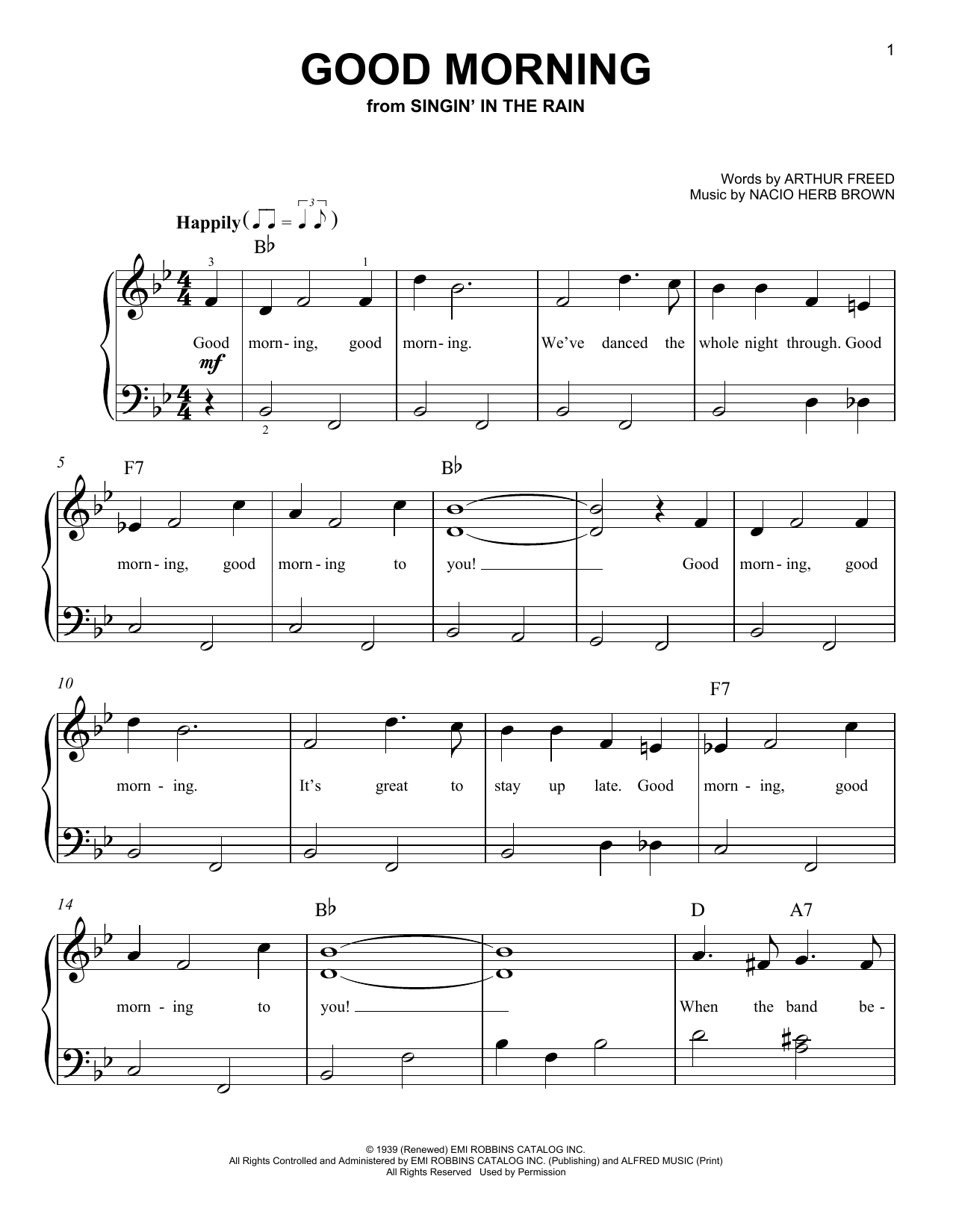 Arthur Freed Good Morning (from Singin' In The Rain) sheet music notes and chords arranged for Easy Piano