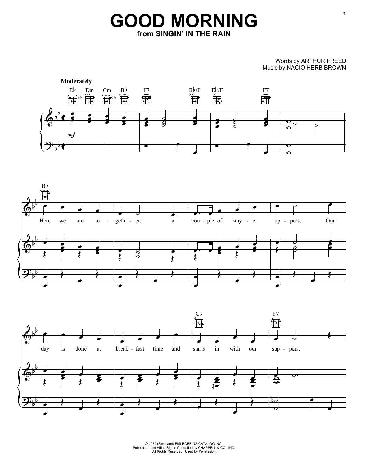 Arthur Freed Good Morning sheet music notes and chords arranged for Piano, Vocal & Guitar Chords (Right-Hand Melody)