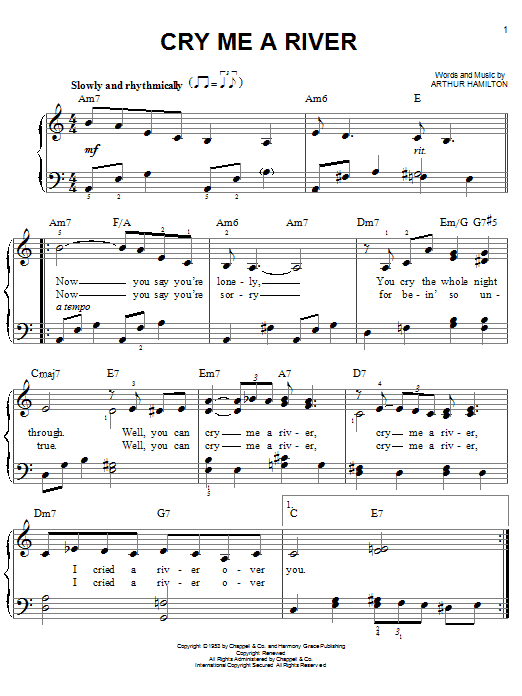 Arthur Hamilton Cry Me A River sheet music notes and chords arranged for Piano, Vocal & Guitar Chords (Right-Hand Melody)