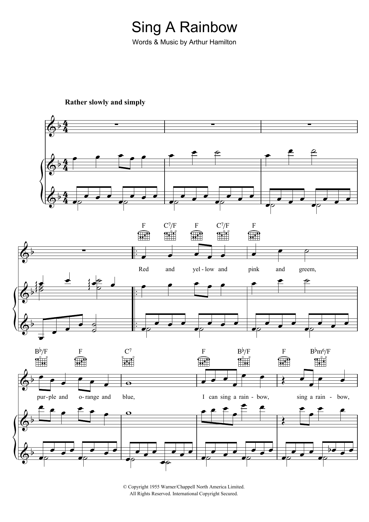 Arthur Hamilton Sing A Rainbow sheet music notes and chords arranged for Piano, Vocal & Guitar Chords