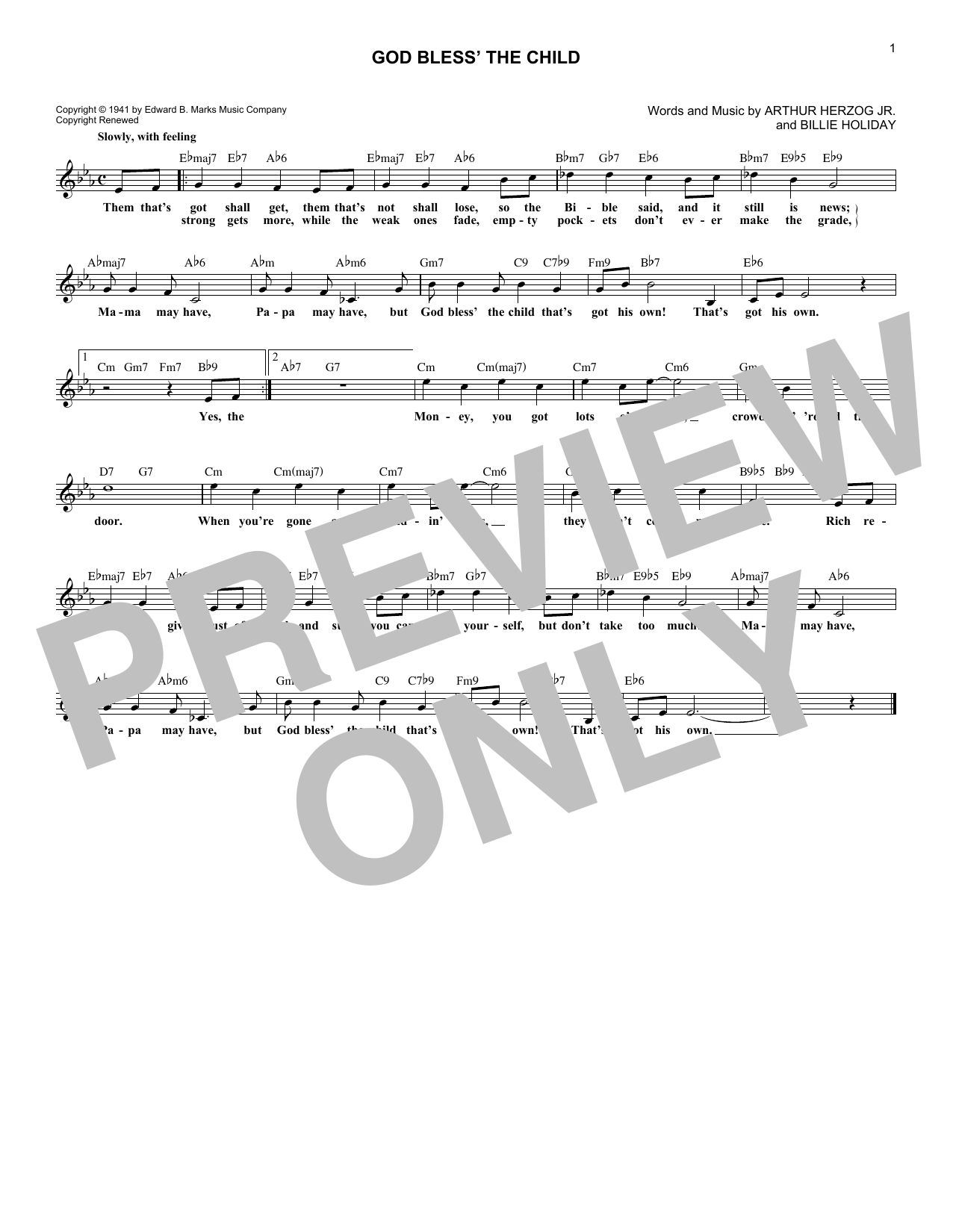 Arthur Herzog Jr. God Bless' The Child sheet music notes and chords arranged for Lead Sheet / Fake Book