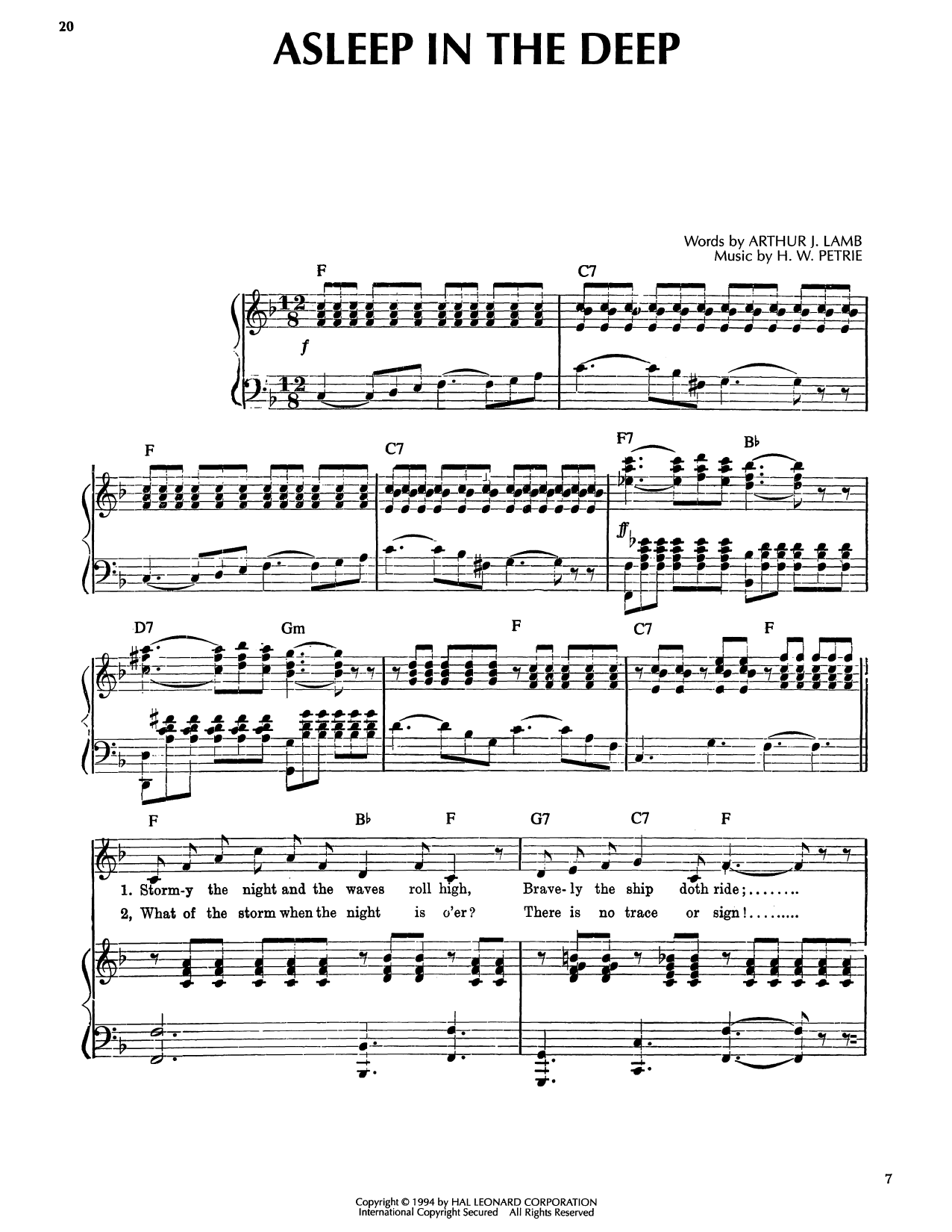 Arthur J. Lamb Asleep In The Deep sheet music notes and chords arranged for Piano, Vocal & Guitar Chords (Right-Hand Melody)
