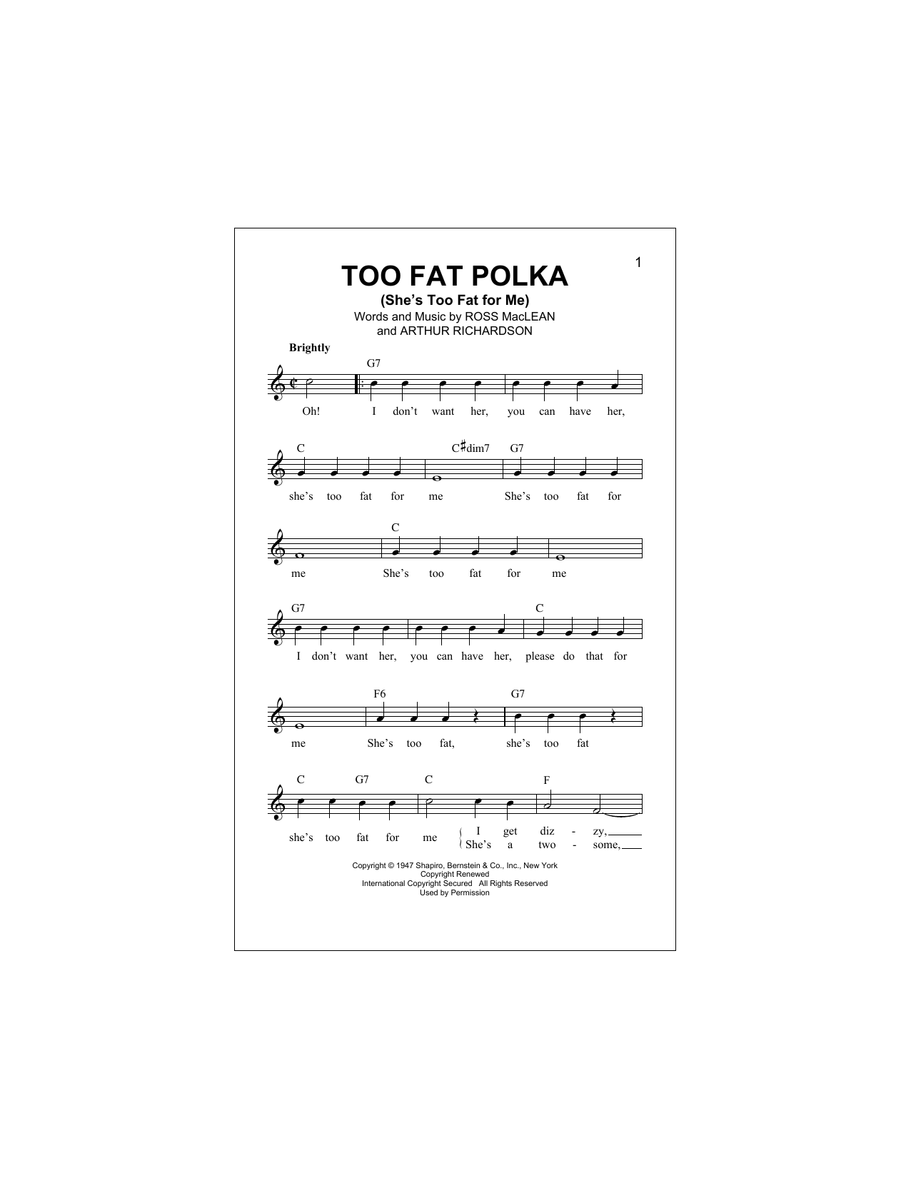 Arthur Richardson Too Fat Polka (She's Too Fat For Me) sheet music notes and chords arranged for Lead Sheet / Fake Book