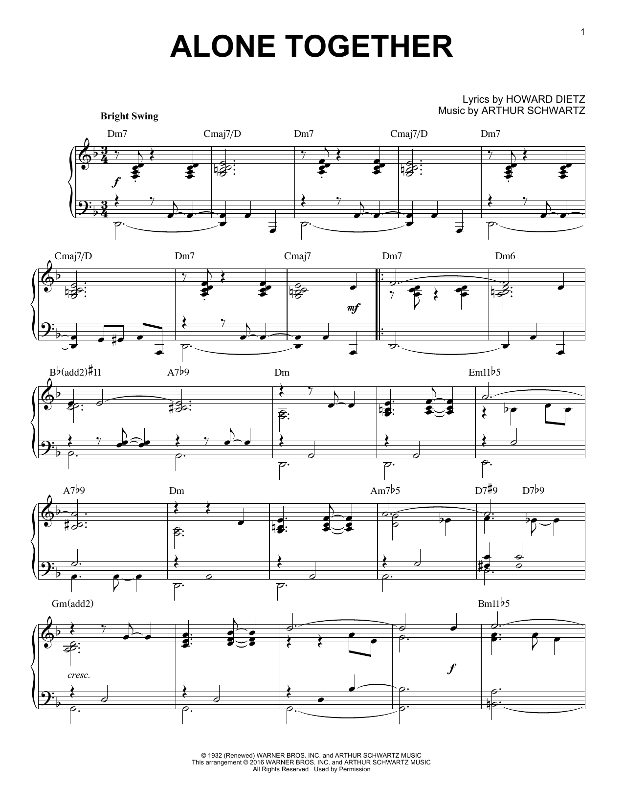 Arthur Schwartz Alone Together (arr. Brent Edstrom) sheet music notes and chords arranged for Piano Solo