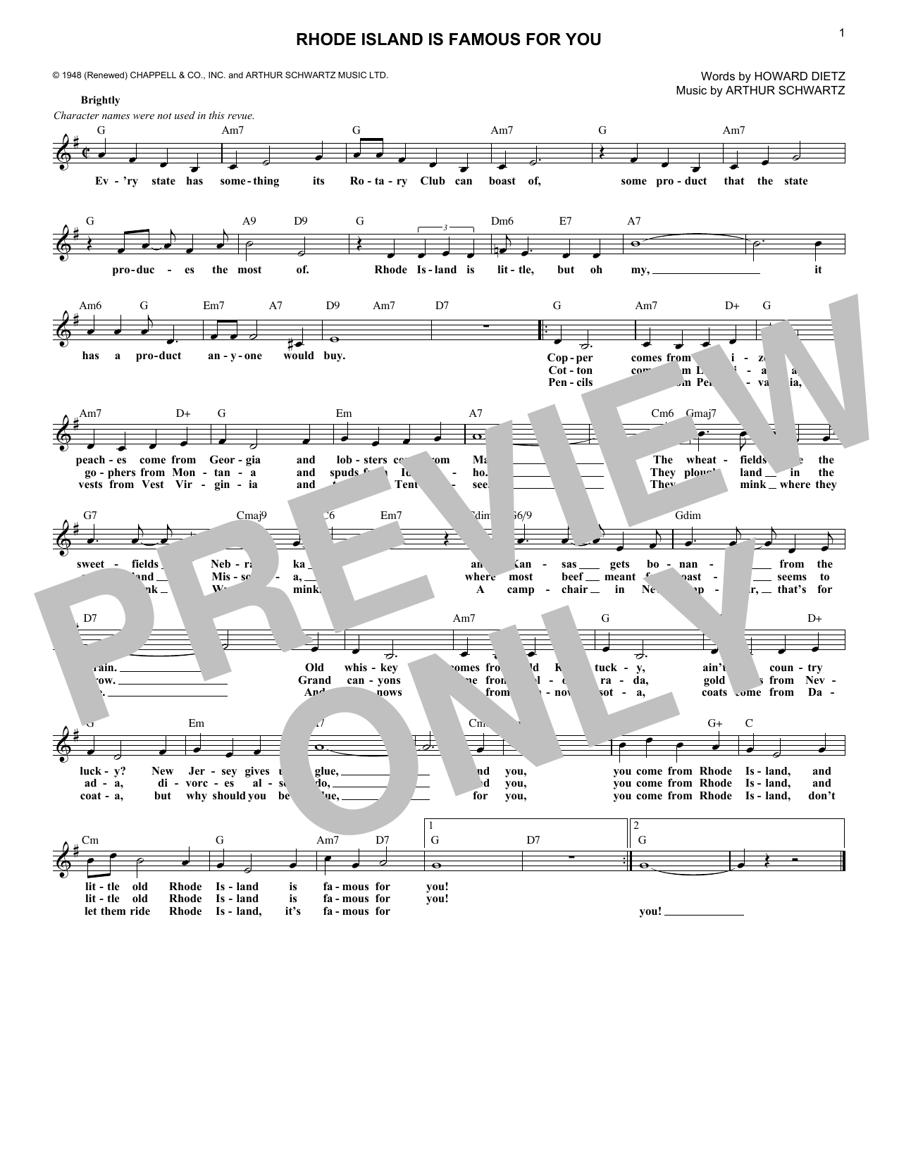 Arthur Schwartz Rhode Island Is Famous For You (from Inside U.S.A.) sheet music notes and chords arranged for Lead Sheet / Fake Book