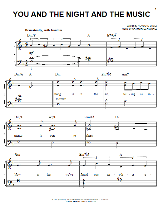 Arthur Schwartz You And The Night And The Music sheet music notes and chords arranged for Easy Piano