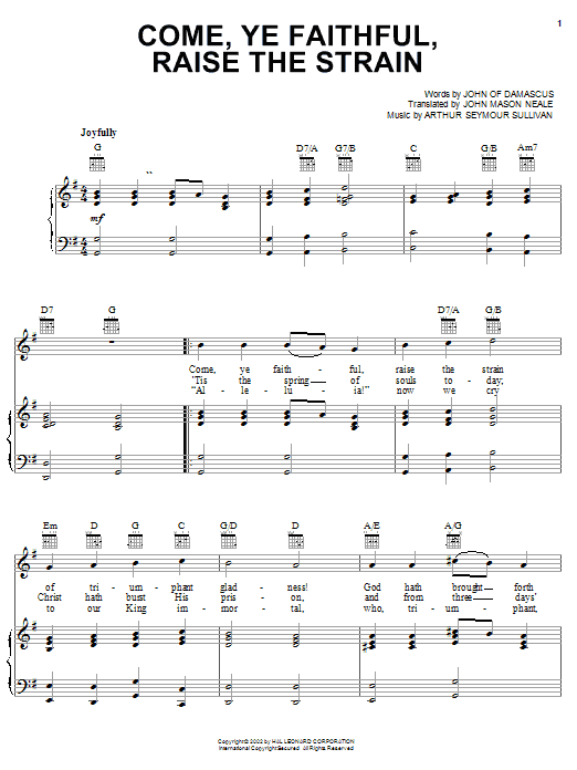 Arthur Seymour Sullivan Come, Ye Faithful, Raise The Strain sheet music notes and chords arranged for Piano, Vocal & Guitar Chords (Right-Hand Melody)