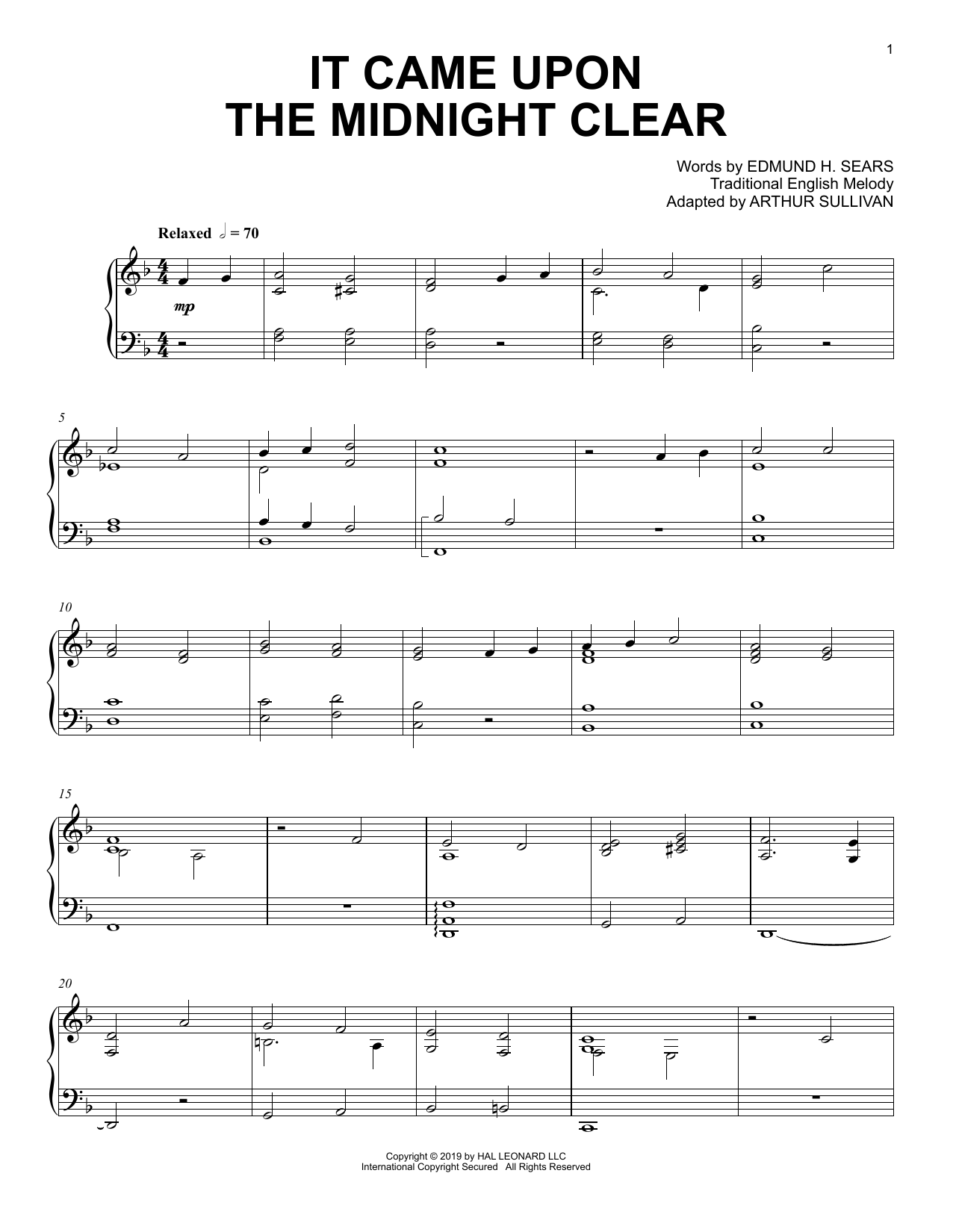 Arthur Sullivan (adapted) It Came Upon The Midnight Clear sheet music notes and chords arranged for Piano Solo