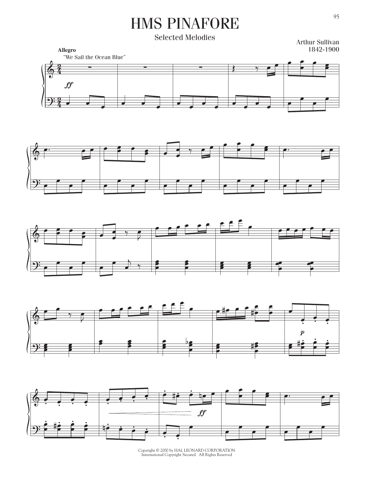 Arthur Sullivan HMS Pinafore, Selected Melodies sheet music notes and chords arranged for Piano Solo