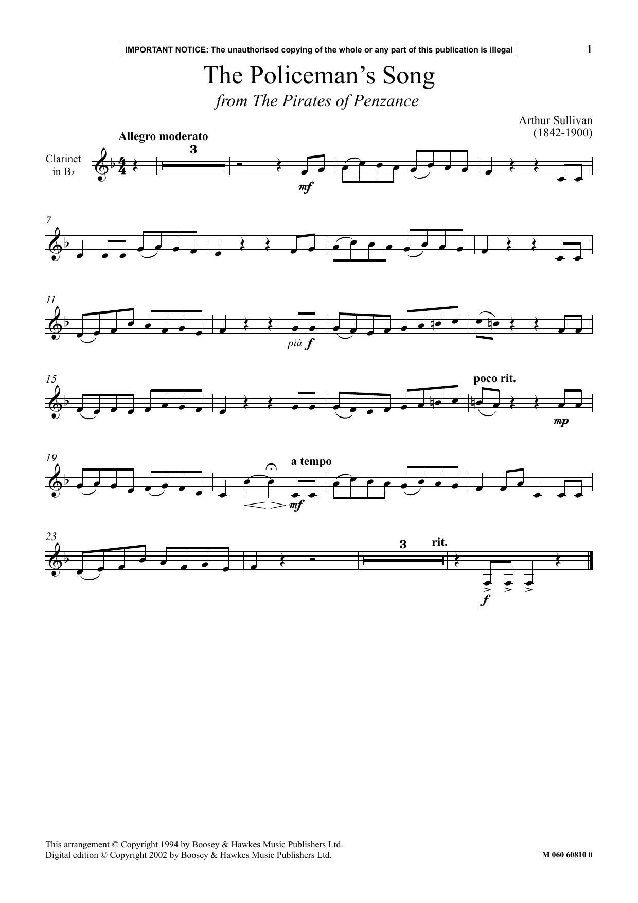 Arthur Sullivan The Policeman's Song (from The Pirates Of Penzance) sheet music notes and chords arranged for Instrumental Solo