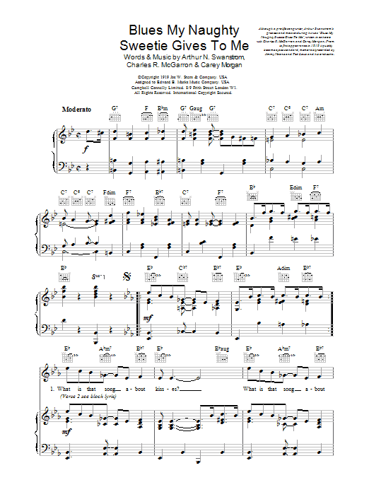 Arthur Swanstrom Blues My Naughty Sweetie Gives To Me sheet music notes and chords arranged for Piano, Vocal & Guitar Chords